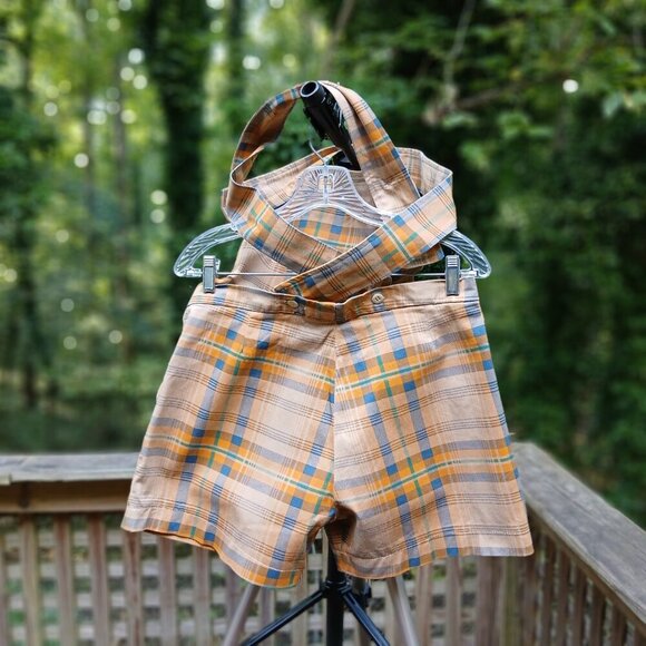 Italian Denim Autumn Colors Tartan Plaid Shortalls New. Cute! Sz 26/US / EU44 - Picture 8 of 11